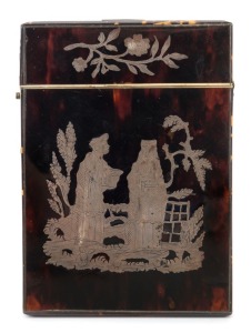 An antique calling card case, tortoiseshell and ivory inlaid with sterling silver, 19th century, 10.5cm x 7.5cm