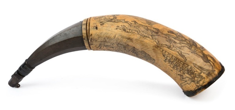 An antique scrimshaw powder horn engraved with hunting scenes and limerick, 18th/19th century, ​​​​​​​40cm long