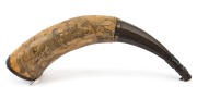 An antique scrimshaw powder horn engraved with hunting scenes and limerick, 18th/19th century, ​​​​​​​40cm long - 2