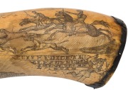 An antique scrimshaw powder horn engraved with hunting scenes and limerick, 18th/19th century, ​​​​​​​40cm long - 6