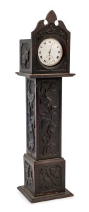 OMEGA antique silver cased pocket watch with Roman numerals and crown wind, housed in an attractive miniature grandfather clock watch stand, 19th century, (2 items), the watch 7cm high overall, the stand 33.5cm high
