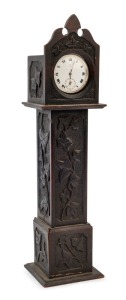 OMEGA antique silver cased pocket watch with Roman numerals and crown wind, housed in an attractive miniature grandfather clock watch stand, 19th century, (2 items), the watch 7cm high overall, the stand 33.5cm high