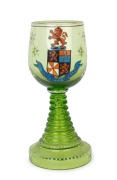 An antique German green glass roemer with fine enamel crest emblazoned with Latin inscription "SIC ATUR AD ASTRA" (pathway to the stars), 18th/19th century, 15.5cm high