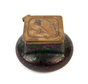LOETZ Art Nouveau iridescent glass inkwell with engraved lid circa 1900, 7cm high, 11cm wide