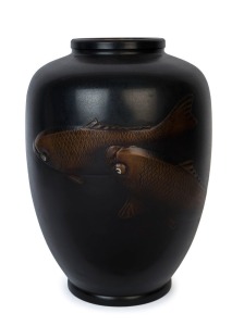 A Japanese Daishin bronze Futakoi vase made for the Kota Kura Exhibition featured at the Matsuzakaya Department store, Engraved with the name Shimada Tamamine, 36cm high