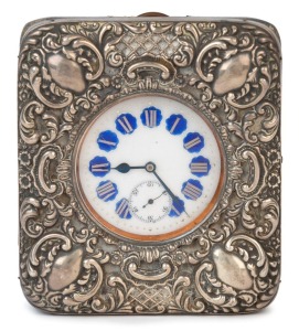 An antique sterling silver cased watch case and pocket watch with enamel dial, late 19th century, 12cm high