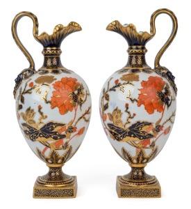 ROYAL CROWN DERBY pair of antique English porcelain ewers, 19th century, red factory mark to bases, 27cm high