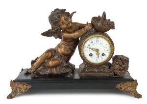 An antique French figure gilt metal and timber mantel clock with cupid holding a basket, 8 day time and strike movement, 19th century, ​​​​​​​27cm high, 41cm wide