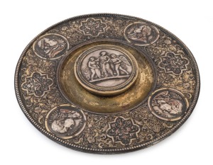 ELKINGTON antique English electrotype circular inkstand, 19th century, 22cm diameter