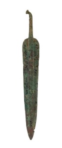 A fine Caspian Region bronze blade. A very large intact example of wonderful leaf form with large flat midrib, and curved tang with flattened end. Circa 2nd to 1st millennium B.C., Caspian Region, North Western Persia. For a similar example, see Christie's New York, December 2009, lot 62, 40cm high