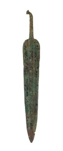 A fine Caspian Region bronze blade. A very large intact example of wonderful leaf form with large flat midrib, and curved tang with flattened end. Circa 2nd to 1st millennium B.C., Caspian Region, North Western Persia. For a similar example, see Christie'