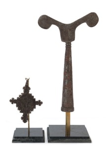 Two Ethiopian religious items, one being an iron cross engraved with angels (circa 16th to 17th century); the second being an iron prayer stand, ex: Seyoum Tessema Collection, Melbourne, Australia, ex: T. McAllister Collection, United Kingdom and Townsvil