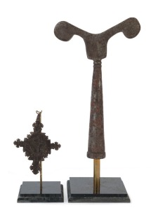 Two Ethiopian religious items, one being an iron cross engraved with angels (circa 16th to 17th century); the second being an iron prayer stand, ex: Seyoum Tessema Collection, Melbourne, Australia, ex: T. McAllister Collection, United Kingdom and Townsville, Queensland, late 19th century, 21cm high 11cm high