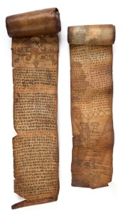 A Pair of Ethiopian protective scrolls. Vegetable dyes and ink on vellum. Classical Ethiopic language (Ge'ez), comprises a prayer designed to protect a young man against evil spirits which are causing suffering. The scroll would have been composed by a pr