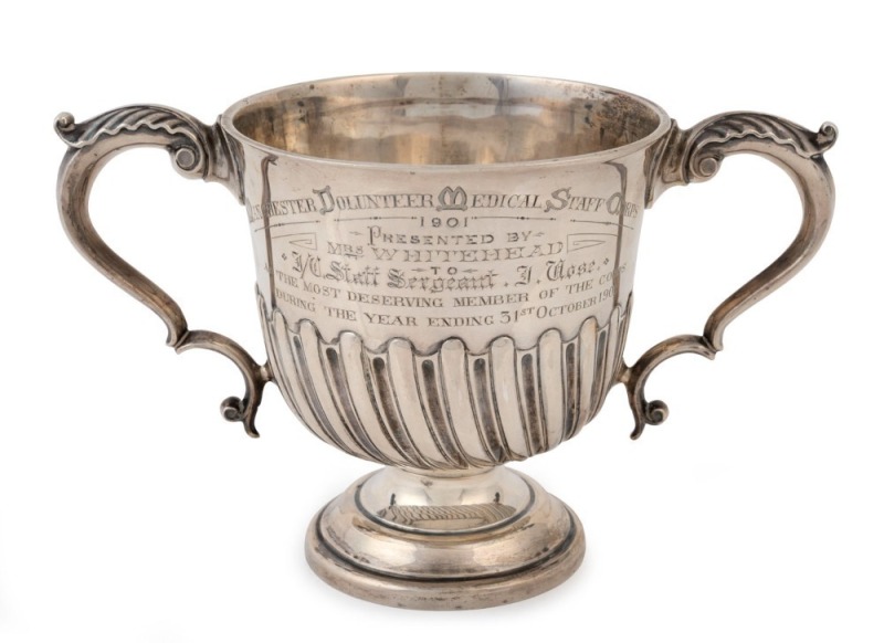 BOER WAR sterling silver presentation loving cup inscribed "MANCHESTER VOLUNTEER MEDICAL STAFF CORPS, 1901, Presented By Mrs. Whitehead To J.C. Staff Sergeant J. Cose, As The Most Deserving Member Of The Corps During The Year Ending 31st October, 1901.",