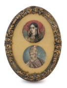 A pair of antique Indian miniature hand-painted portraits, mounted together in an oval frame, 19th century, ​​​​​​​6cm high overall