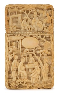 A Chinese Canton ware carved ivory calling card case, mid 19th century, 9 x 5cm