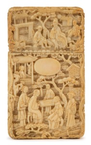 A Chinese Canton ware carved ivory calling card case, mid 19th century, 9 x 5cm