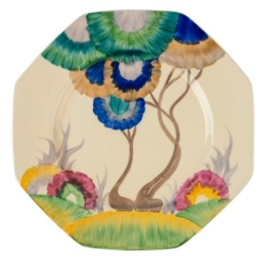 CLARICE CLIFF "Bizarre" English Art Deco porcelain cabinet plate, circa 1920s, stamped "Clarice Cliff Bizarre, Wilkinson Ltd. Honeyglaze, Royal Staffordshire Pottery", 22cm wide