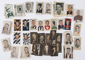CIGARETTE & TRADE CARDS: mostly 1930s era sports related with AUSTRALIA RULES/VFL (80+) mostly 1933 Wills "Footballers" incl. large format (9), others from Hoadleys, Carreras/Turf & Godfrey Phillips; CRICKET: (40+) incl. "Giant" Brand Licorice, Allens, Hoadleys, Sweetacres; few other sports represented, plus small range of non-sports cards incl. Actresses, Films, Ships & Aeroplanes; very mixed condition. (150+)