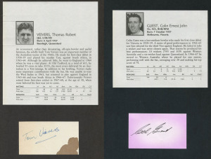 AUSTRALIAN TEST CRICKETER AUTOGRAPHS: A collection of autographed displays in an album; including Colin Guest (1 Test), Les Joslin (1 Test), Fred Freer (1 Test), Ashley Woodcock (1 Test), Des Hoare (1 Test), Ken Eastwood (1 Test), Ian Callen (1 Test), Simon Davis (1 Test), Wayne Phillips (1 Test), Robert Kerr (2 Tests), Tony Dell (2 Tests), John Gannon (3 Tests), Graeme Beard (3 Tests), Richard Robinson (3 Tests), David Sincock (3 Tests), John Benaud (3 Tests), Geff Noblet (3 Tests), etc. (41).