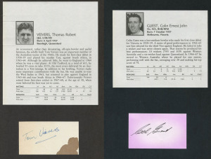 AUSTRALIAN TEST CRICKETER AUTOGRAPHS: A collection of autographed displays in an album; including Colin Guest (1 Test), Les Joslin (1 Test), Fred Freer (1 Test), Ashley Woodcock (1 Test), Des Hoare (1 Test), Ken Eastwood (1 Test), Ian Callen (1 Test), Sim