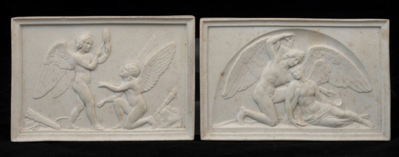 A pair of antique Royal Copenhagen Danish porcelain plaques, 19th century, the larger 9.5cm x 14.5cm