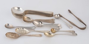 Assorted sterling silver and silver-plated spoons, servers, sugar tongs and utensils, 19th and 20th century (19 items)