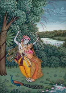 An Indian painting of a courting couple on a swing, 20th century, 19 x 14cm, 29 x 24cm overall