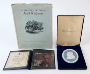 WEDGWOOD jasper ware "WINSTON CHURCHILL" souvenir plaque to commemorate the centenary of his birth 1874-1974. In original box with accompanying documentation, plus a book "The Selected Letters Of Josiah Wedgwood" edited by Ann Finger and George Savage, hardcover with d/j, signed and endorsed. The plaque 11cm high