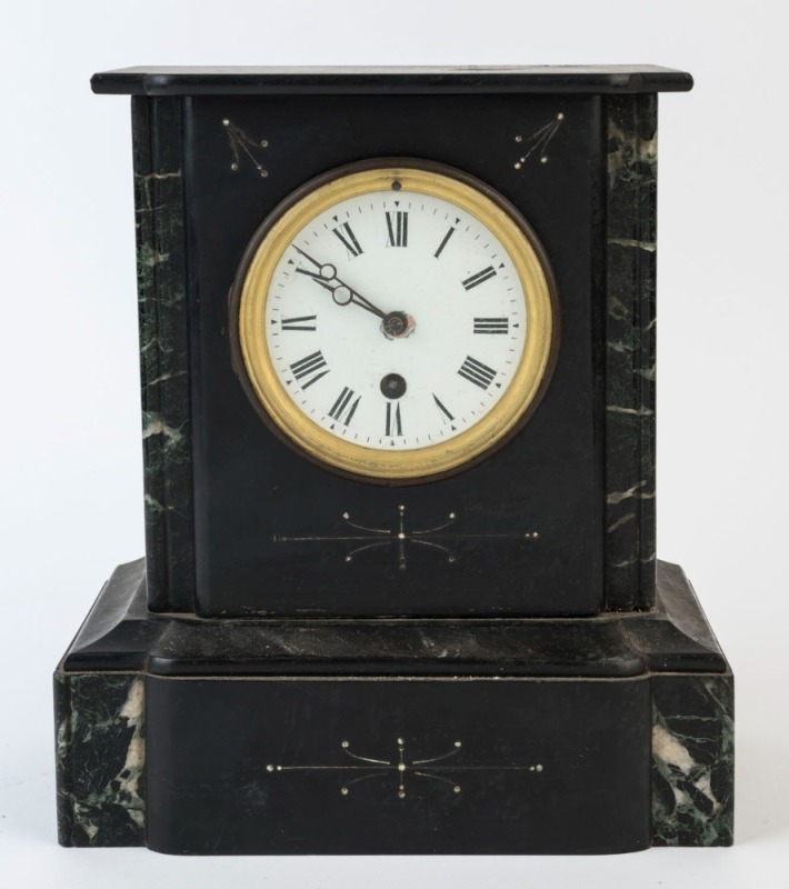 An antique French mantel clock, timepiece only in black slate case with green marble trim, 19th century, with key and pendulum, 28.5cm high