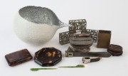 Matchbox holders, cigar cutters, cigarette case, powder compact, Chinese jade hairpins and golf ball bowl, 19th and 20th century, (13 items) 