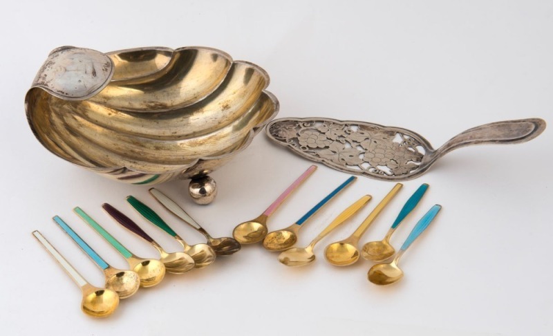 German 800 silver bowl and cake slice, together with 12 assorted Danish silver gilt enamel coffee spoons, 20th century, (14 items), ​​​​​​​the bowl 15cm wide, 325 grams