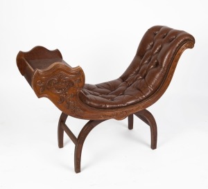 A vintage telephone seat, carved wood with brown button upholstery, mid 20th century, ​​​​​​​88cm high, 112cm wide, 45cm deep