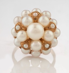 A 14ct gold and pearl cluster cocktail ring, stamped "K14", ​​​​​​​