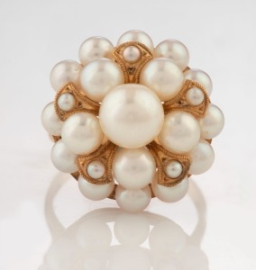 A 14ct gold and pearl cluster cocktail ring, stamped "K14", 