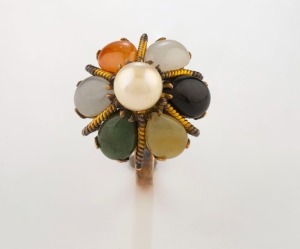 A 14ct rose gold ring, set with a pearl and coloured stones, 20th century, stamped "14K",