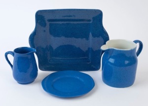 MOORCROFT "Powder Blue" sandwich tray together with two ADDERLEYS blue porcelain jugs and a side plate, early 20th century, (4 items), the Moorcroft 25.5cm wide