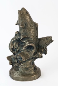 A Japanese cast bronze rising koi statue, late 20th century, seal mark to back dated 1977, 30cm high