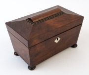 An antique English rosewood tea caddy with twin compartments, early 19th century, ​​​​​​​14cm high, 22cm wide, 14cm deep