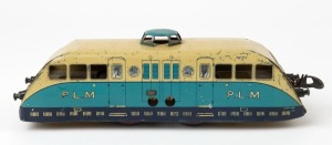 HORNBY/MECCANO (FRANCE): clockwork rail car (without key), blue & yellow livery, some minor paint loss; length 22cm, height 7cm. circa late 1930s.