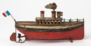 BING (Germany): wind-up tinplate boat, original key, some paint loss; length 21cm, height 10cm, c. late 1920s. 