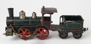 MARKLIN (Germany): Gauge II cast iron wind-up locomotive and tender, 0-4-0 configuration, Marklin company mark on front of engine, original key, length (with tender) 30cm, height 11cm, weight 1.23kg; c.1930s.