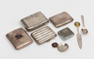 TOBACCIANA: silver plated selection with cigarette cases (3), one with enamelled motif for T.S.S. Katoomba, another with Egyptian scenes on front & reverse, the third with plain ribbed case; largest 8.5x7.5cm; also tobacco tin (10x7cm) and a small match case (5x4.5cm), plus three decorative spoons; c.1930s-40s. (8 items)