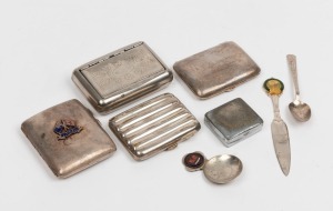 TOBACCIANA: silver plated selection with cigarette cases (3), one with enamelled motif for T.S.S. Katoomba, another with Egyptian scenes on front & reverse, the third with plain ribbed case; largest 8.5x7.5cm; also tobacco tin (10x7cm) and a small match c
