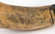 An antique scrimshaw powder horn engraved with hunting scenes and limerick, 18th/19th century, ​​​​​​​40cm long - 5