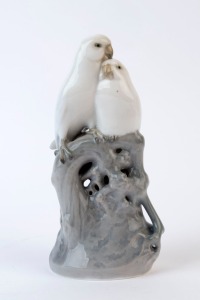 ROYAL COPENHAGEN porcelain statue of two white budgerigars, 20th century, factory mark to base, 19.5cm high