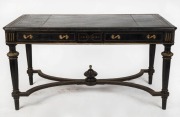 A French bureau-plat desk, ebonised finish with ormolu mounts and leather top, 19th century, 72cm high, 135cm wide, 68cm deep