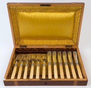 Antique English fish cutlery in walnut canteen, 19th century, the canteen 38cm wide