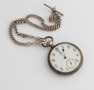 OMEGA antique pocket watch with Arabic numerals, subsidiary dial and gun metal case, together with a sterling silver fob chain, 19th century, 